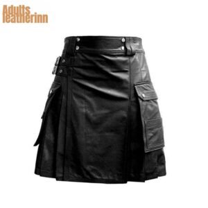Men's Leather Black Utility Kilt Twin CARGO Pockets Pleated with Twin Buckles