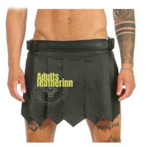 Mens Real Leather Black Roman Gladiator Kilt Gothic Belt and Buckles Kilt LARP