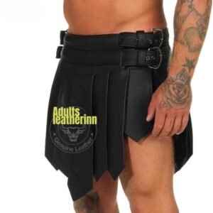 Mens Real Leather Black Roman Gladiator Kilt Gothic Belt and Buckles Kilt LARP