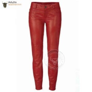 Women's Real Sheep Red Leather Pants Genuine Leggings High Waist Slim Fit Pants