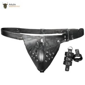Mens Underwear Real Leather Jockstraps Cod Piece Thong Jock Studded with Rings