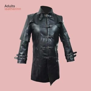 Mens Black Cowhide Leather Matrix Goth Trench Coat Gothic Trench Coat Steampunk T5 BLACK