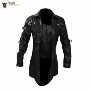 Mens REAL Black Leather Goth Matrix Trench Coat Steampunk Gothic T18 BLACK