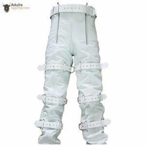 Men Real White Leather Locking Bondage Jeans with Rear Zip