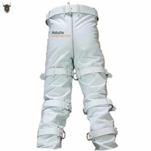 Men Real White Leather Locking Bondage Jeans with Rear Zip