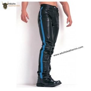 Mens Black Cowhide Leather Jeans Style Pants BLUF Breeches Blue Striped Trousers