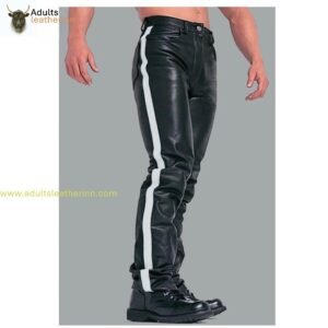 Mens Black Cowhide Leather Jeans Style Pants BLUF Breeches White Striped Trousers