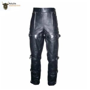 Mens Black Cowhide Leather Locking Bondage Chastity Jeans With Rear Zip CJ
