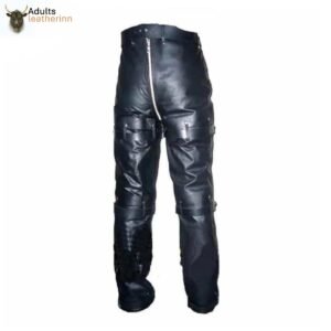 Mens Black Cowhide Leather Locking Bondage Chastity Jeans With Rear Zip CJ