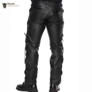 Mens Black Cowhide Leather Trousers Motorbike Motorcycle Lacing Pants Trousers Jeans