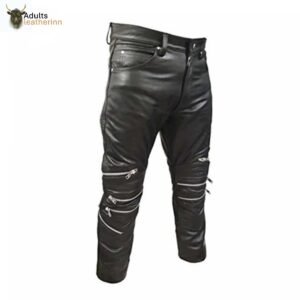 Mens Black Real Cowhide Leather Motorcycle Trousers Bikers Jeans Bikers Pants