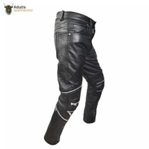Mens Black Real Cowhide Leather Motorcycle Trousers Bikers Jeans Bikers Pants