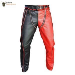 Mens Black and Red Leather Heavy Duty Bondage Pants New Style Jeans BLUF