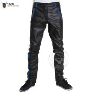 Mens Cowhide Leather Pants Cropped Biker Pants Blue Stripe Leather Pants Clubwear Chino Trousers