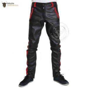 Mens Cowhide Leather Pants Cropped Biker Pants Red Stripe Leather Pants Clubwear Chino Trousers