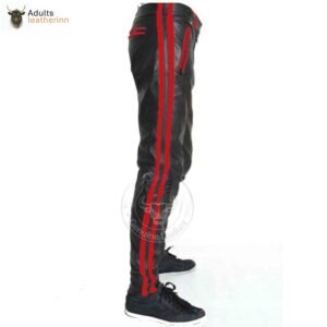 Mens Cowhide Leather Pants Cropped Biker Pants Red Stripe Leather Pants Clubwear Chino Trousers