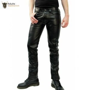 Mens Genuine Leather Black Shiny Jeans Pants Leather Sheep Leather Men Trousers