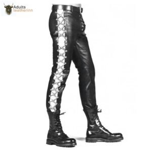 Mens Genuine Leather Front Lace up Skinny Sides Fixed Silver Chains Jeans Style Trousers