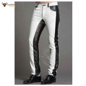 Mens Handmade White and Black Sheep NAPPA Leather Motorcycle Pants Trousers Jeans