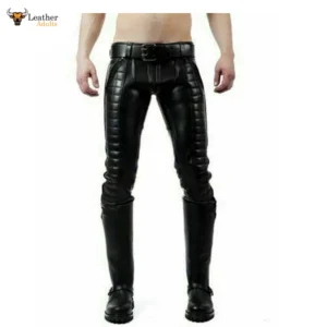 Men's Leather Pants Double Zip Padded Jeans Trousers Breeches BLUF Leder Jeans
