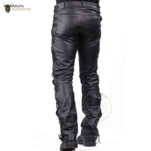 Mens New Black Leather Trousers Motorbike Motorcycle Lacing Pants Trousers Jeans