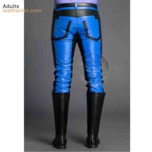 Mens Real Cowhide Leather Black and Blue Contrast Leather Pants Motorcycle Pants Trousers Jeans