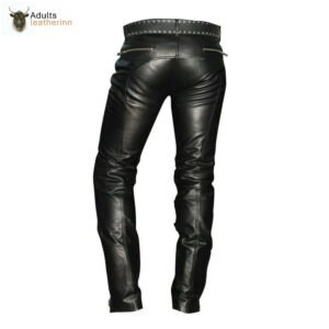 Men's Real Cowhide Leather Quilted Panels Slim Fit Trousers Pants Bikers Jeans Lederhosen