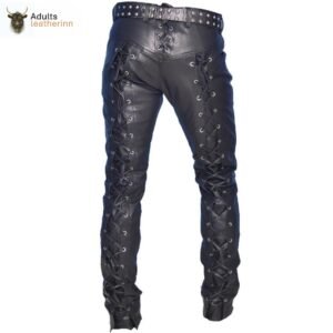 Men's Real Leather Bikers Pants Front and Back Laces Up Bikers Pants Trousers