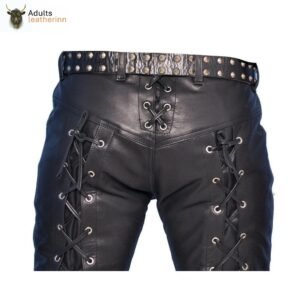 Men's Real Leather Bikers Pants Front and Back Laces Up Bikers Pants Trousers