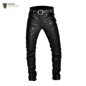 Mens Real Leather Bikers Pants Quilted Panels Slim Fit Bikers Leather Trousers BLUF Pants