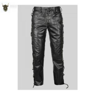 Men's Real Leather Bikers Pants Side and Front Laces Up Bikers Pants Trousers