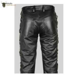 Men's Real Leather Bikers Pants Side and Front Laces Up Bikers Pants Trousers