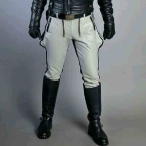 Men's Real Leather White and Black Contrast Saddleback Trousers BLUF Pants Bikers Breeches