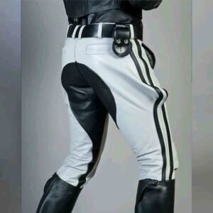 Men's Real Leather White and Black Contrast Saddleback Trousers BLUF Pants Bikers Breeches