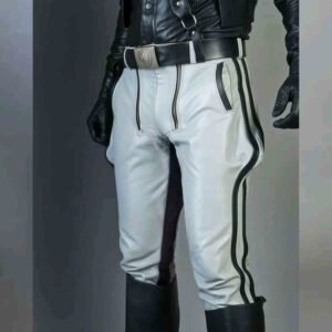 Men's Real Leather White and Black Contrast Saddleback Trousers BLUF Pants Bikers Breeches