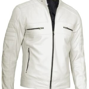 Mens Off White Cafe Racer Real Leather Jacket
