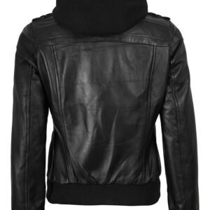 Women's Black Bomber Real Leather Jacket with Removable Hood