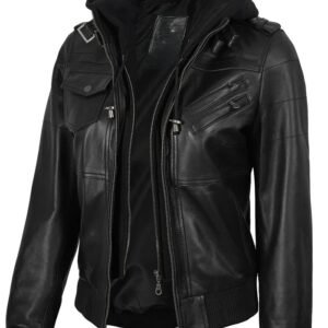 Women's Black Bomber Real Leather Jacket with Removable Hood