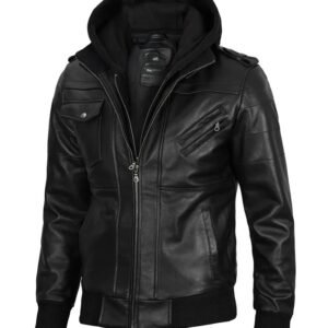 Edinburgh Mens Black Bomber Leather Jacket - Removable Hood