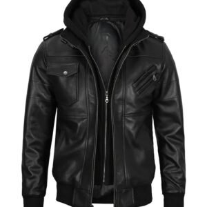 Edinburgh Mens Black Bomber Leather Jacket - Removable Hood