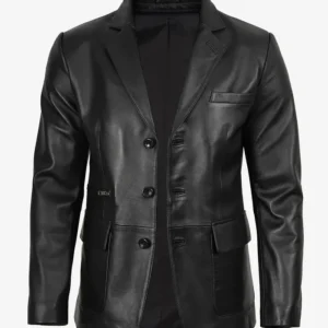 Men's Black Three Button Lambskin Leather Blazer