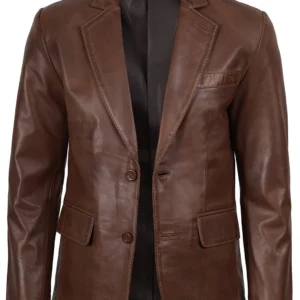 Mens Two Button Cognac Wax Leather Blazer