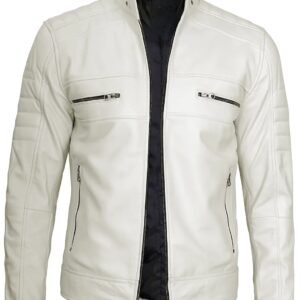 Mens Off White Cafe Racer Real Leather Jacket