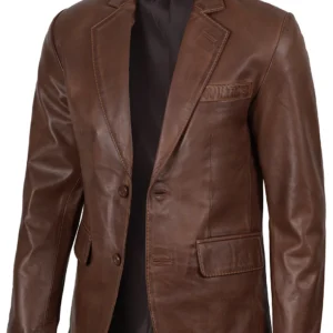 Mens Two Button Cognac Wax Leather Blazer