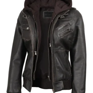 Women's Black Bomber Real Leather Jacket with Removable Hood