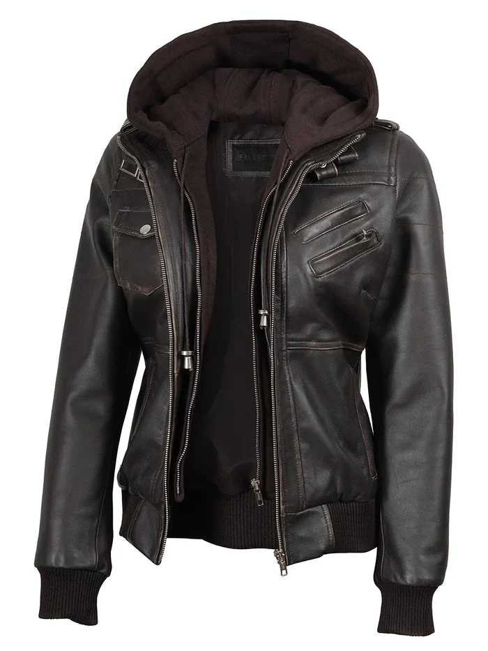 Women's Black Bomber Real Leather Jacket with Removable Hood