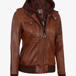 Women's Black Bomber Real Leather Jacket with Removable Hood