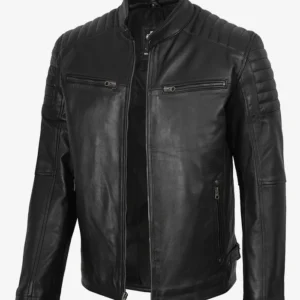 Men’s Black Cafe Racer Style Leather Jacket | Padded Shoulders