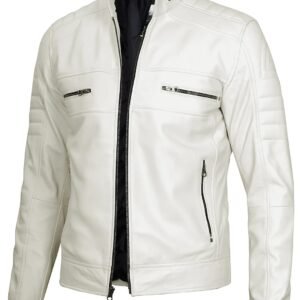 Mens Off White Cafe Racer Real Leather Jacket