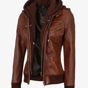Women's Black Bomber Real Leather Jacket with Removable Hood
